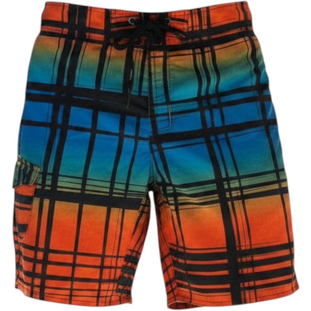 Hang Ten Mens‎ Board Shorts Size 30 Plaid Ombre Orange Blue Black